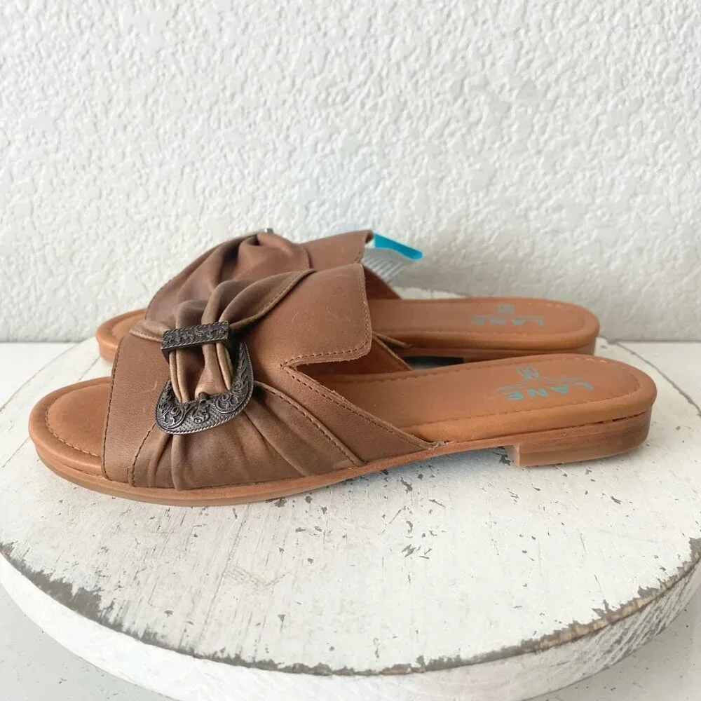 Lane Boots PONY UP Western Sandals Brown Leather Cowgirl Slip on Buckle Flats 11